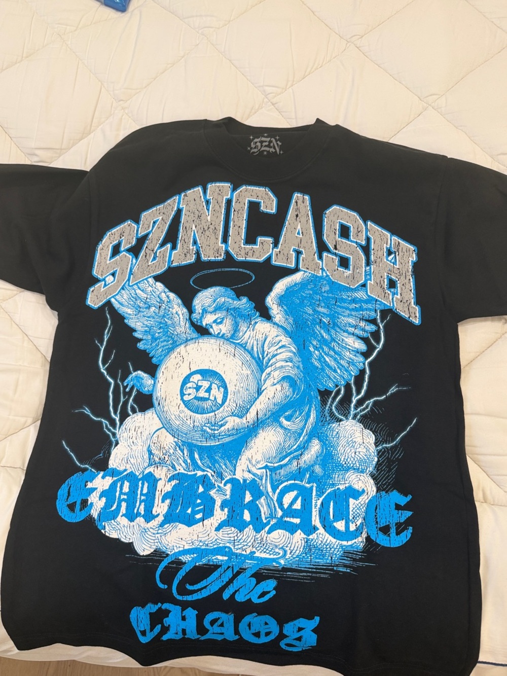 Black Short-Sleeve Graphic Tee with Blue Angel Print